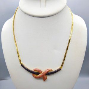 Vintage Bar Bib Collar Necklace with Apricot Ribbon on Purple Enamel, Gold Tone